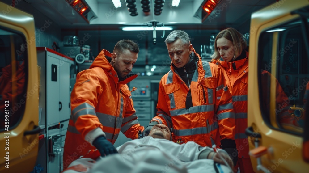 A man in an orange jacket is helping a woman who is laying on a stretcher. The other two men are standing behind him, watching the scene. Scene is serious and focused A man in an orange jacket is helping a woman who is laying on a stretcher. The other two men are standing behind him, watching the scene. Scene is serious and focused