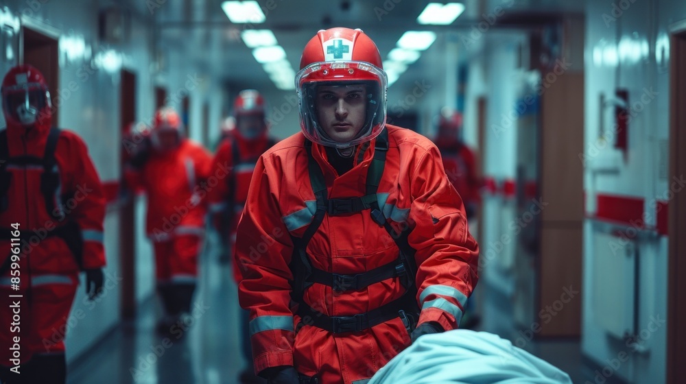 A man in a red suit is carrying a white body. The scene is set in a hospital hallway A man in a red suit is carrying a white body. The scene is set in a hospital hallway