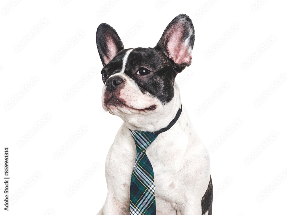 Serious, cute puppy and stylish tie. Isolated background. Closeup, indoors. Studio shot. Day light. Beauty and fashion. Concept of care, education, training and raising pets Serious, cute puppy and stylish tie. Isolated background. Closeup, indoors. Studio shot. Day light. Beauty and fashion. Concept of care, education, training and raising pets