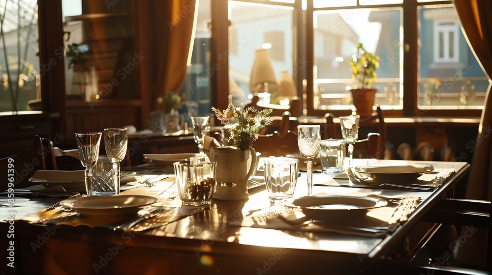 Fototapeta premium Shot of a nicely set diner table with different kinds of plates and glasses on it