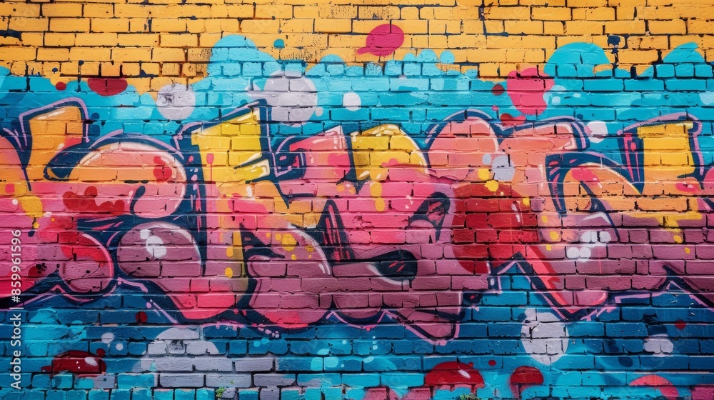 Fototapeta premium a brick wall covered with graffiti in 90s aesthetics, bright colors, neon