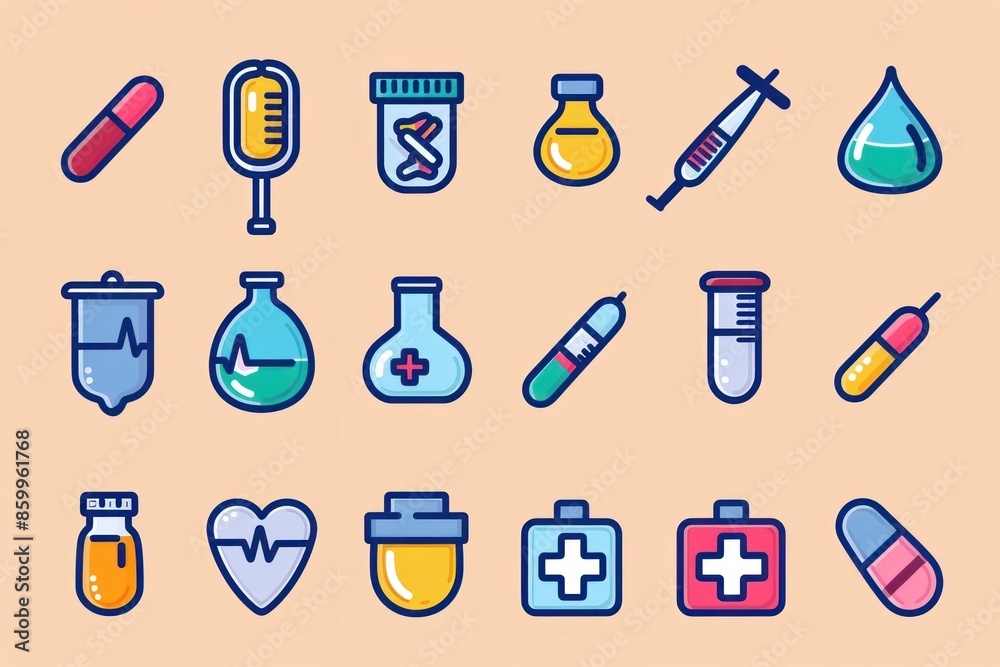 A collection of 2D medical icons depicting various aspects of healthcare, including hospitals, medical exams, and medications. These icons are suitable for use in digital health platforms, A collection of 2D medical icons depicting various aspects of healthcare, including hospitals, medical exams, and medications. These icons are suitable for use in digital health platforms,