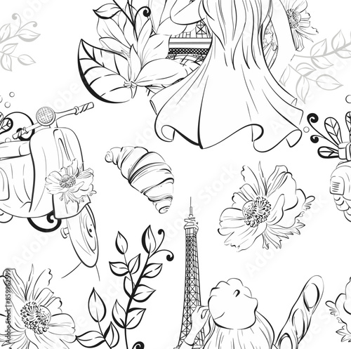 Vector Paris seamless pattern. Eiffel tower with travel to France, girl and Paper cup of coffee, sweet deserts and bakery, street food. Black silhouette for circuit