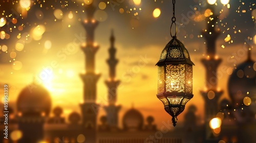 Yellow Arabic lantern, islamic background, Ramadan kareem © Anak