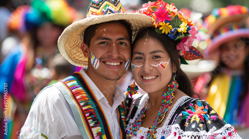 young couple at the Fiesta de Santiago festival, they wear traditional costumes with bright smiles,Ai generated Images