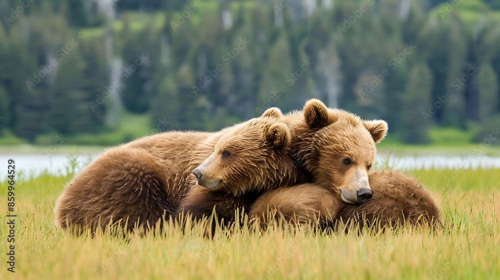 Obraz premium Two brown bear cubs are seen suckling from their mother in the mother is laying on a meadow near the beach and is looking towards the forest