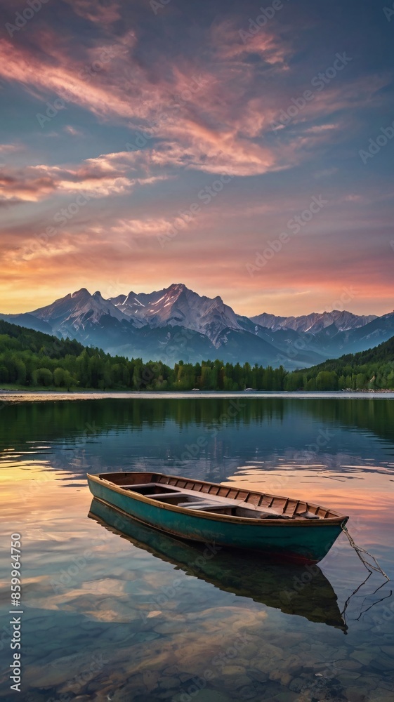 Fototapeta premium Tranquil lake reflecting lush green forest under a clear blue sky, with a wooden canoe resting on the shore