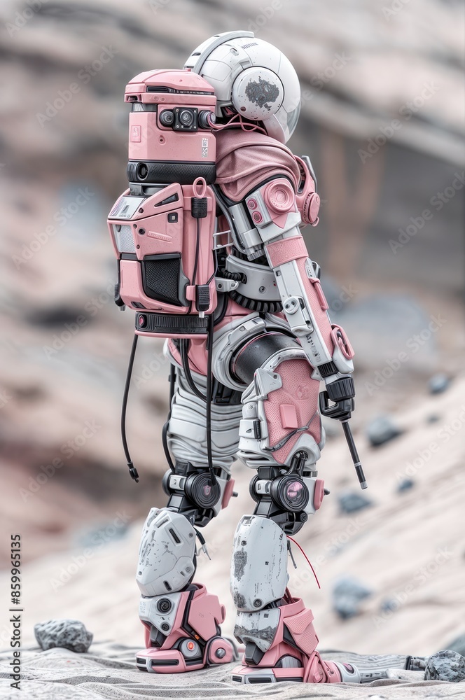 Naklejka premium The mechanical soldier, holding a weapon, surveys the futuristic world.