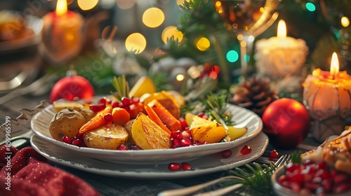 Unfinished christmas meal in the plate fried carrots roasted potatoes and pomegranates with a fork in dinner plate on table