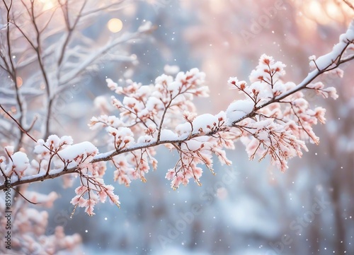 An image of a soft focus on snowy branches in winter