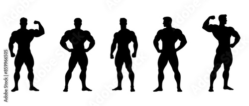 Male bodybuilder front view silhouette black filled Illustration icon. Man standing poses physical workout vector.