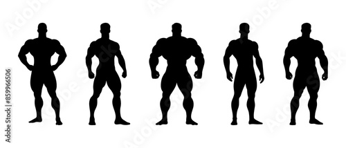 Male bodybuilder front view silhouette black filled Illustration icon. Man standing poses physical workout vector.