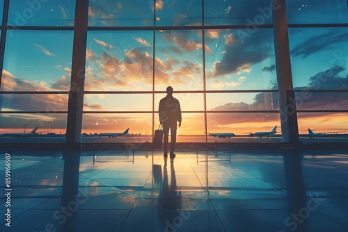 Silhouette of traveler walking to window in airport. Plane in background. Travel concept.