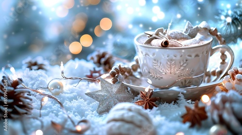 Winter composition with a cup of cocoa and decorative details winter mood holiday decoration magic christmas