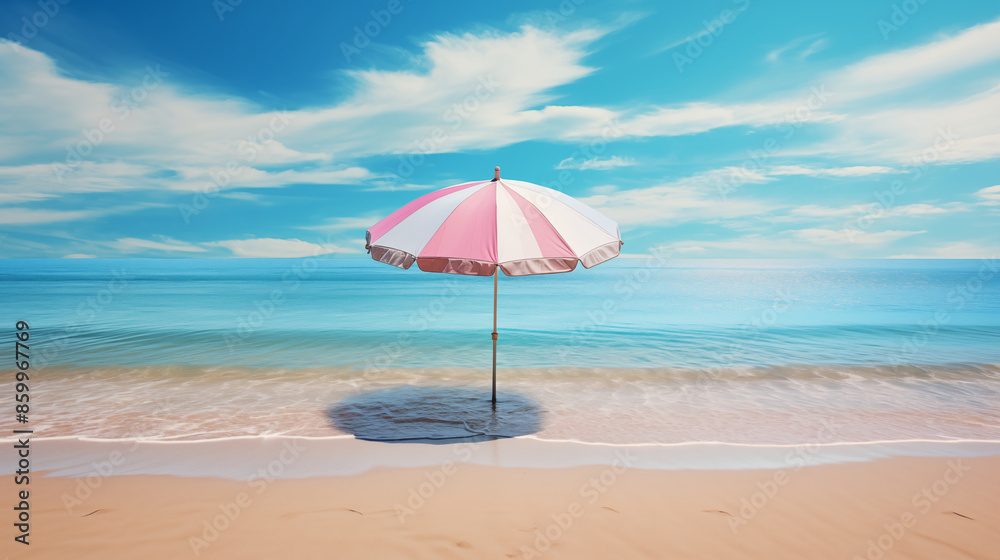 Serene beach with gentle waves with a colorful umbrella placed on the under warm natural lighting. Serene beach with gentle waves with a colorful umbrella placed on the under warm natural lighting.