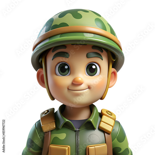 3D rendering of a cartoon soldier in a green uniform and helmet, smiling. Military character in camo gear, isolated on a white background. photo