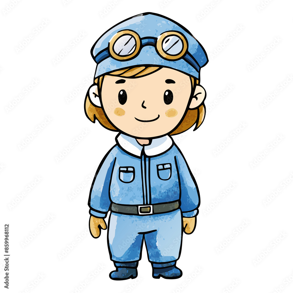 Cute cartoon character in blue outfit with goggles, standing and smiling. Ideal for design and illustration projects. Cute cartoon character in blue outfit with goggles, standing and smiling. Ideal for design and illustration projects.