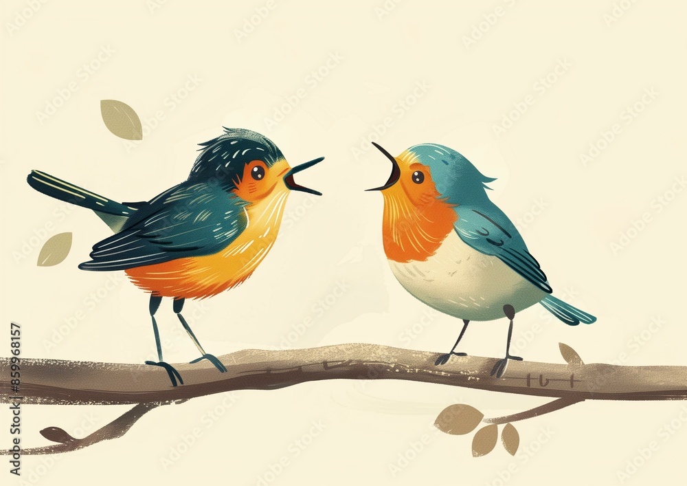 Colorful Bird Illustration - Singing Robins on Branch Colorful Bird Illustration - Singing Robins on Branch