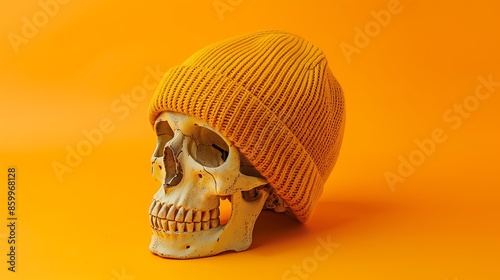 Yellow mustard color mercerized skull cap isolated on orange background photo