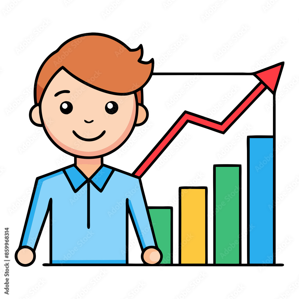 Cute illustration of a happy professional with a rising bar chart and arrow, symbolizing business growth and success. Cute illustration of a happy professional with a rising bar chart and arrow, symbolizing business growth and success.