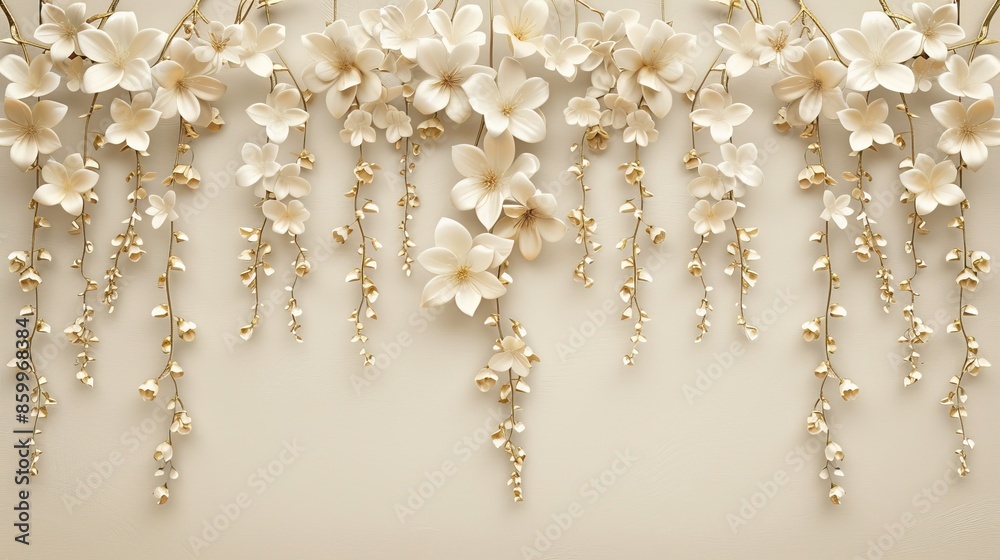 Elegant White Blossoms on Golden Vines. White flowers on the wall background and mural wallpaper. High quality AI generated image Elegant White Blossoms on Golden Vines. White flowers on the wall background and mural wallpaper. High quality AI generated image