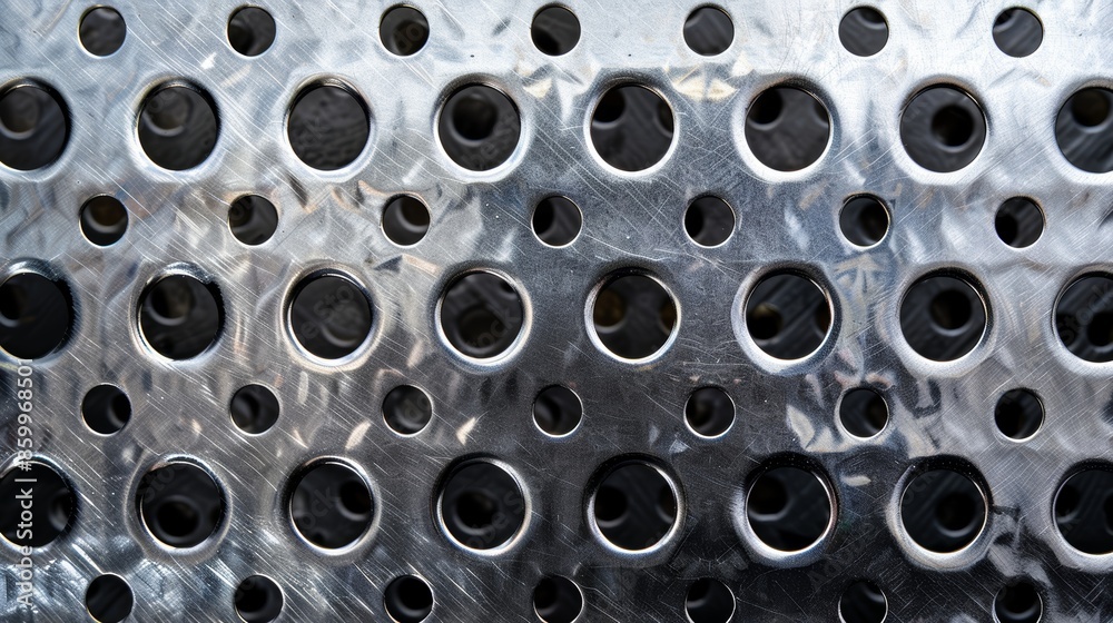 A close-up shot of a metal sheet with circular perforations. The holes are evenly spaced and create a repeating pattern. The metal is shiny and reflective. A close-up shot of a metal sheet with circular perforations. The holes are evenly spaced and create a repeating pattern. The metal is shiny and reflective.