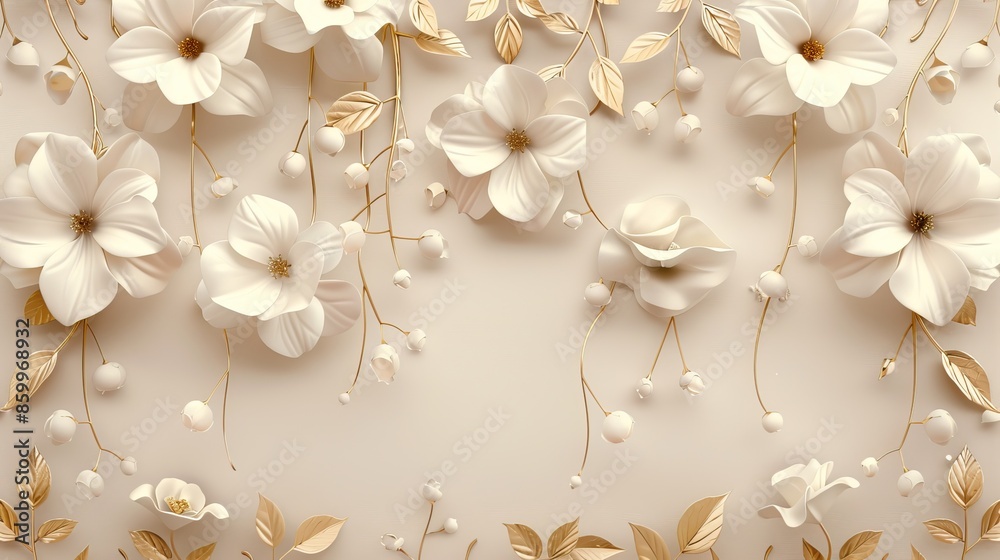 Elegant White Blossoms on Golden Vines. White flowers on the wall background and mural wallpaper. High quality AI generated image Elegant White Blossoms on Golden Vines. White flowers on the wall background and mural wallpaper. High quality AI generated image