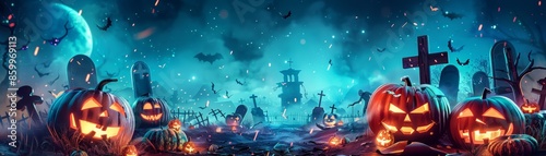 Spooky Halloween graveyard scene with glowing jack-o-lanterns.