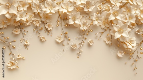 Elegant White Blossoms on Golden Vines. White flowers on the wall background and mural wallpaper. High quality AI generated image © Javid