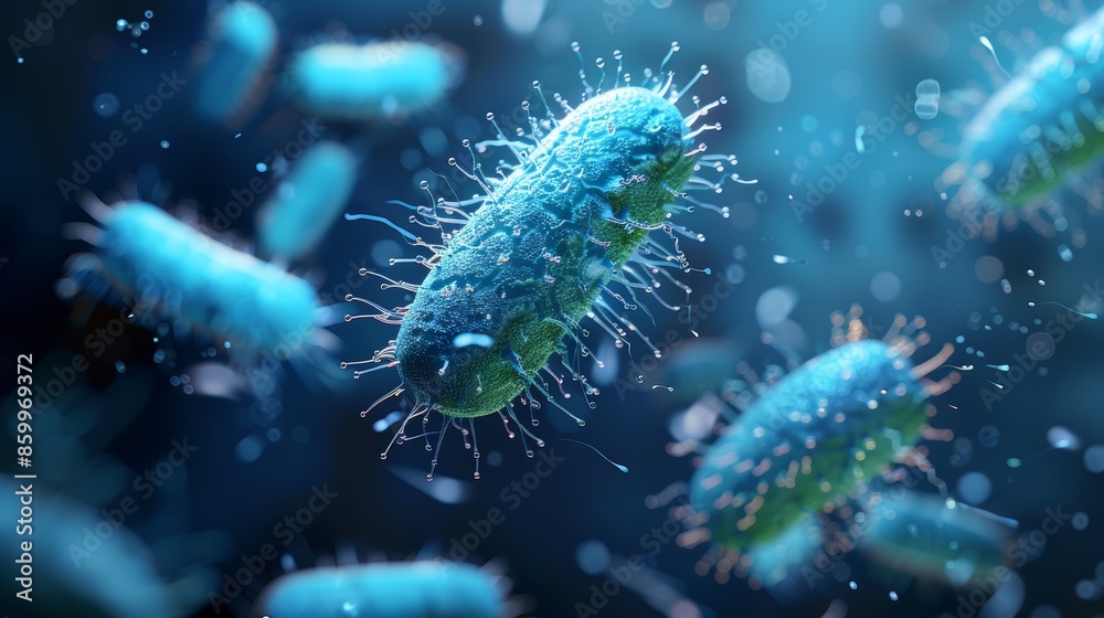 A microscopic view of rod-shaped bacteria floating in a blue liquid. The bacteria are rendered with intricate detail, highlighting their cellular structure and flagella. A microscopic view of rod-shaped bacteria floating in a blue liquid. The bacteria are rendered with intricate detail, highlighting their cellular structure and flagella.