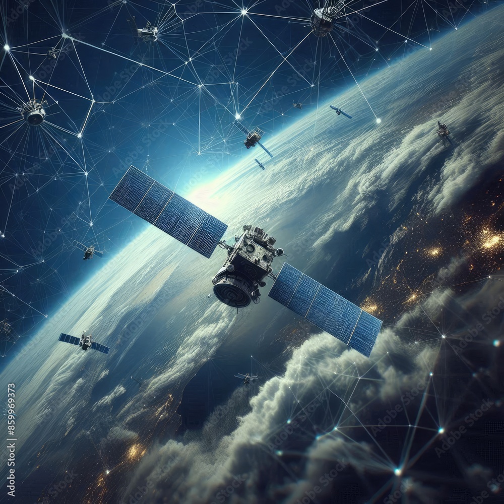 Illustration of Interconnected Satellites in Space Illustration of Interconnected Satellites in Space