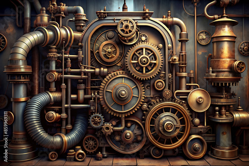 Intricate steampunk machinery illustration. Vintage industrial gear and pipe design