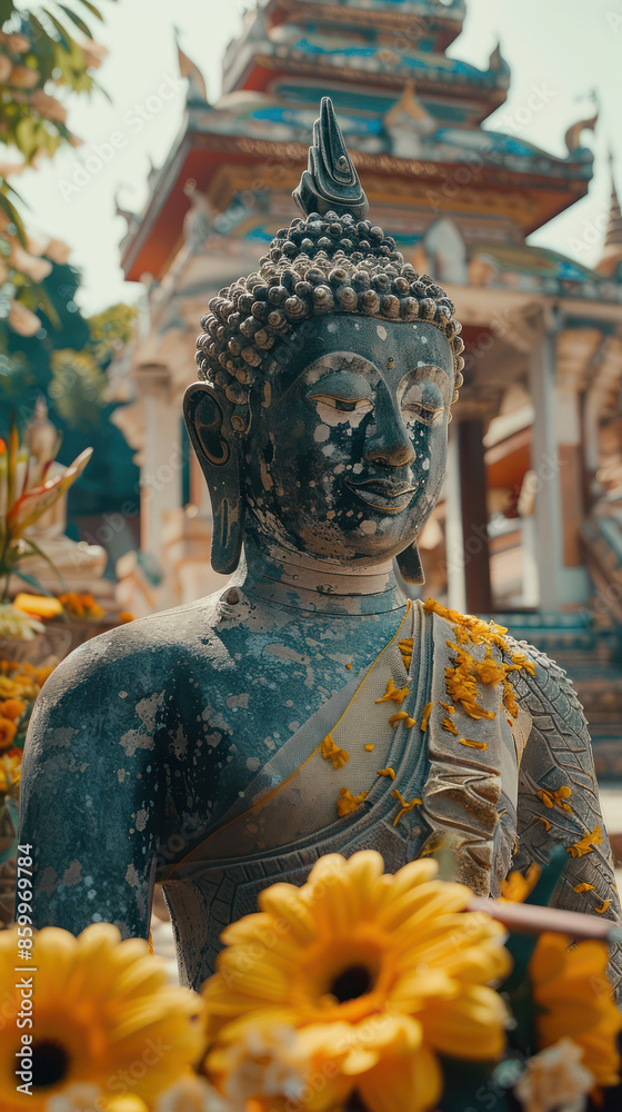 Obraz premium Ancient Buddha Statue in Serene Temple Garden Surrounded by Vibrant Flowers Peaceful Spiritual Oasis Perfect for Meditation, Relaxation, and Cultural Appreciation Travel Destination Gem