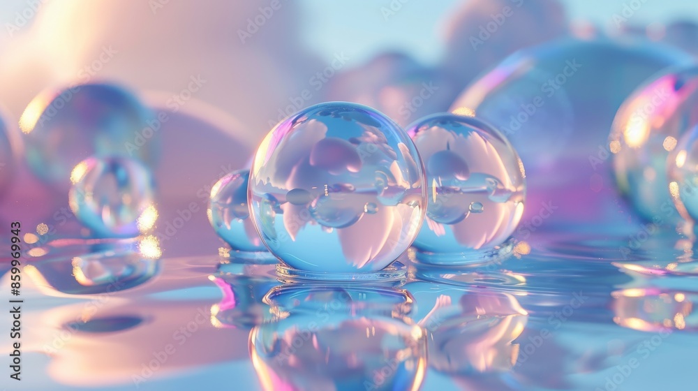 Abstract 3D rendering of floating glass spheres with reflections Abstract 3D rendering of floating glass spheres with reflections