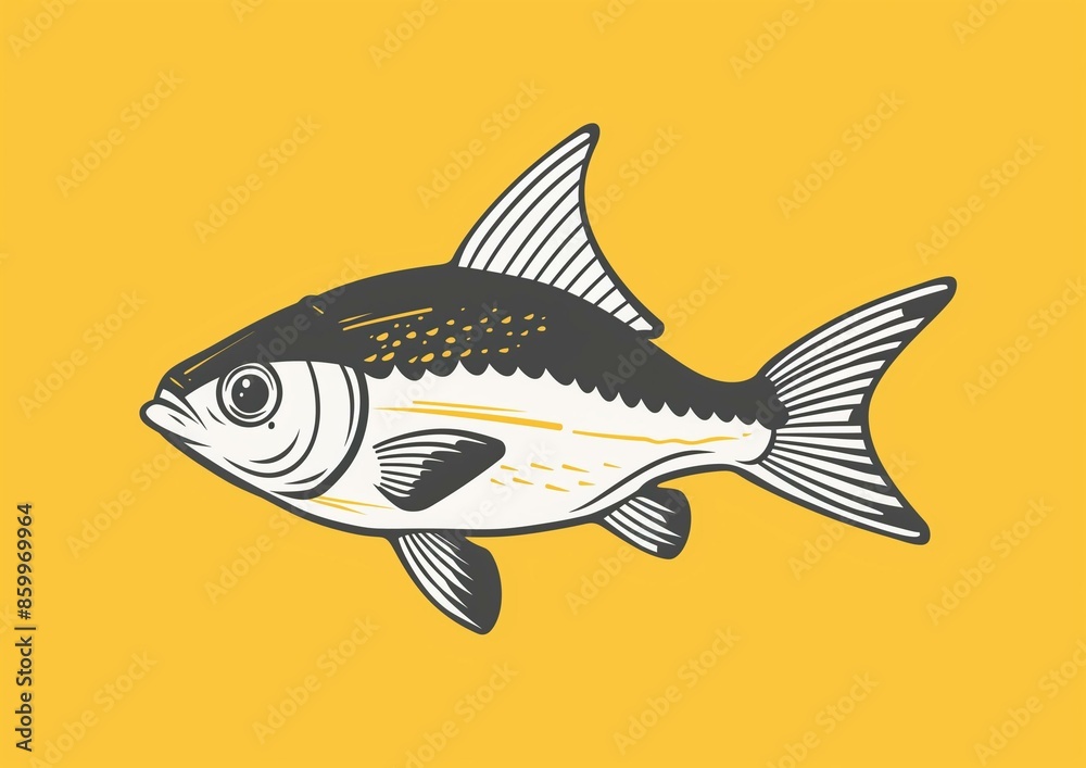 Retro Fish Illustration on Yellow Background - Nautical Art Retro Fish Illustration on Yellow Background - Nautical Art
