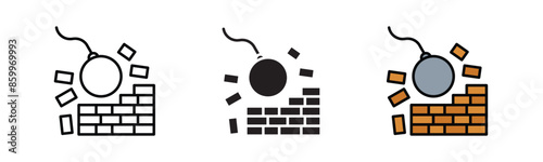 Demolition Icon. heavy weight metal ball wrecker crane to damage residential property wall breakdown symbol. black fill icon, colour fill icon. icon set