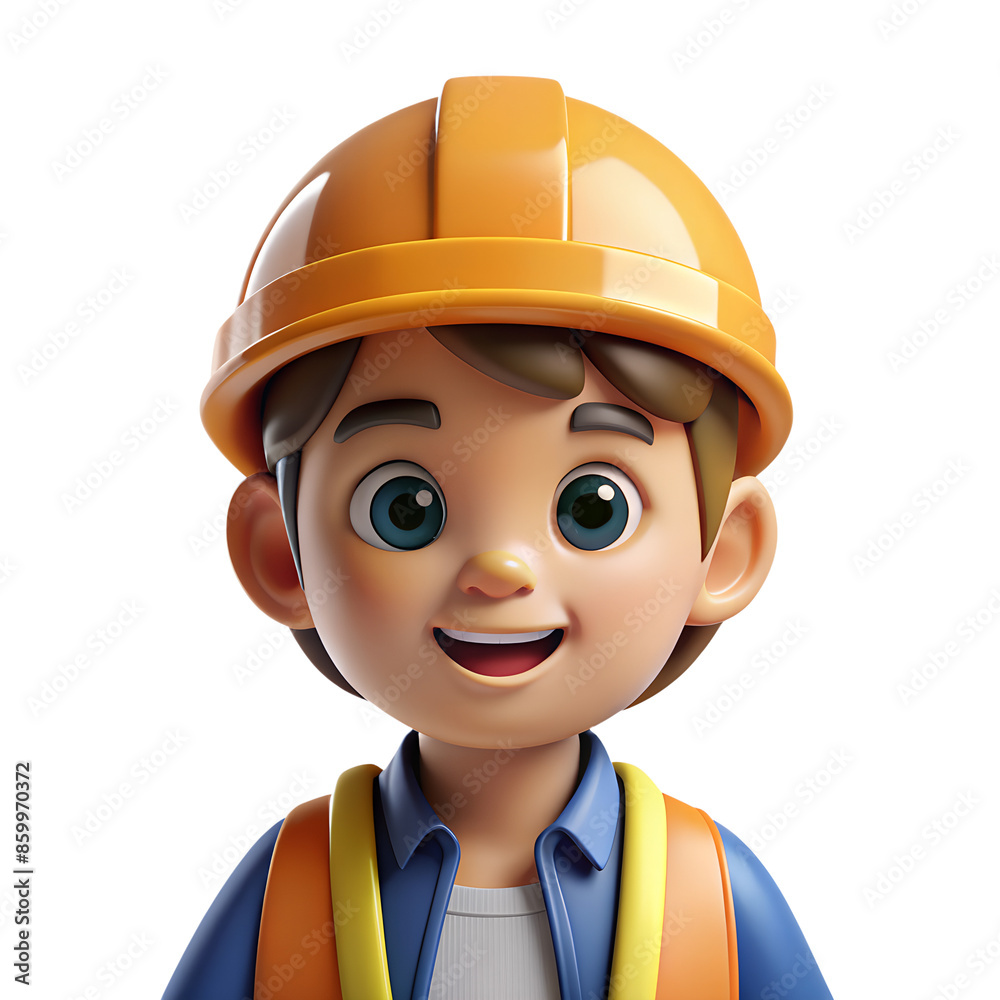 3D illustration of a cheerful child construction worker wearing a hard hat and safety vest, representing safety and future workforce.
