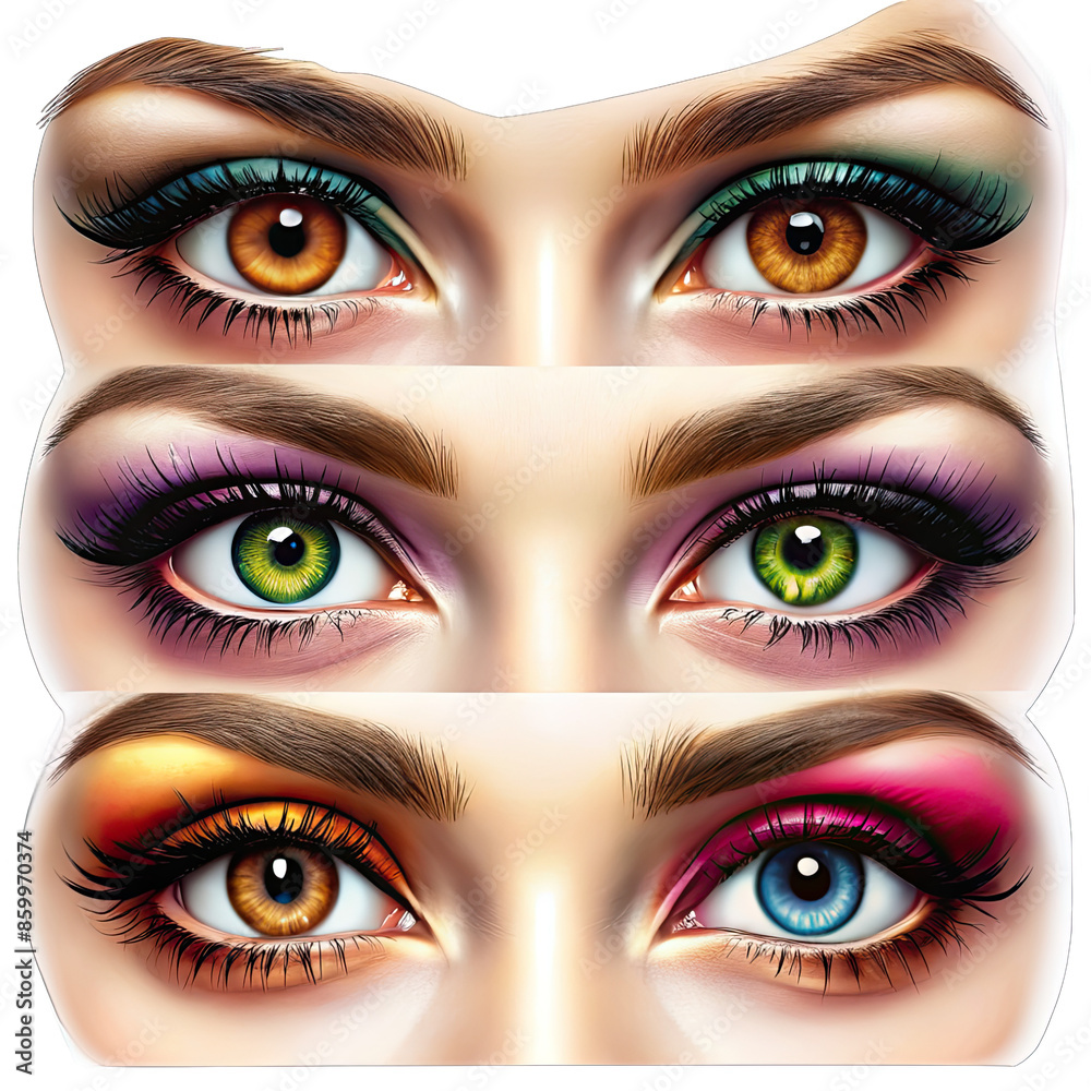 Fototapeta premium Four pairs of female eyes with different colored eyeshadow and eyeliner, isolated on a white background. Generative AI