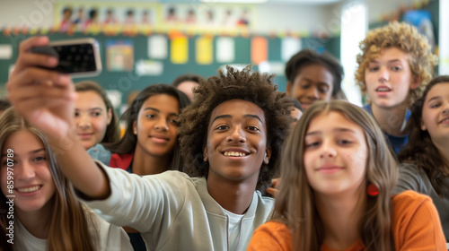 copy space, stockphoto, multiracial high school students taking a selfie in a classroom. Students with different ethnic background in school. Selfie portrait. Happy students together. Back to school t