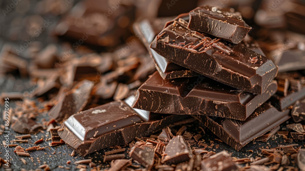 dark chocolate bars sprinkled with chocolate chips and cocoa beans on a dark background dark chocolate bars sprinkled with chocolate chips and cocoa beans on a dark background