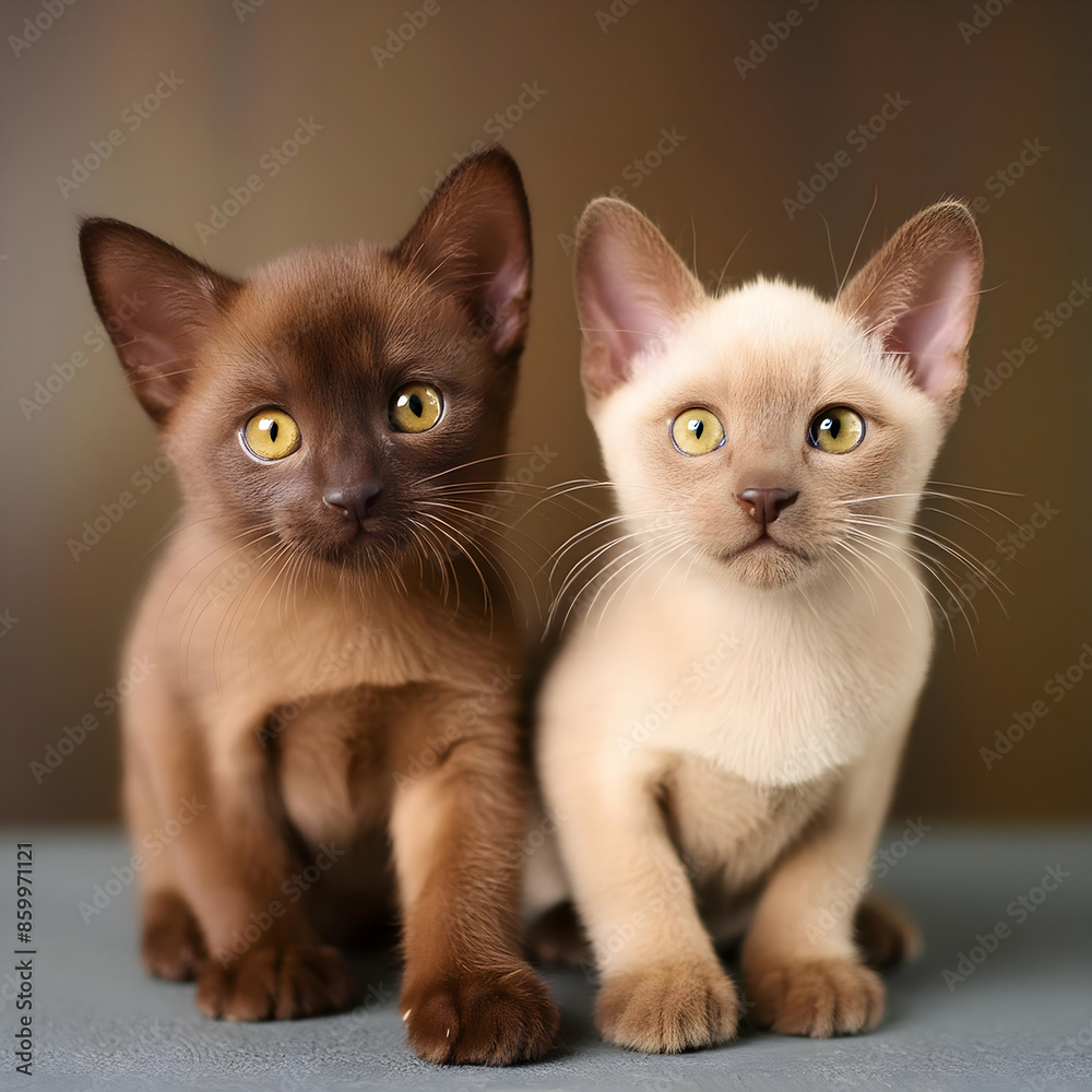 Two burmese kittens with golden brown eyes. One is chocolate and the other is cream Playful kittens with unique markings Photogenic kittens looking Kittens in a high-contrast studio portrait Two burmese kittens with golden brown eyes. One is chocolate and the other is cream Playful kittens with unique markings Photogenic kittens looking Kittens in a high-contrast studio portrait