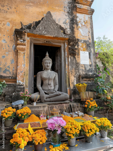 Ancient Buddhist Temple with Statue and Floral Offerings, Sacred Rituals, Cultural Heritage, Spiritual Monument, Travel Destination, Historical Landmark, Religious Site in Southeast Asia