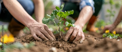 Hands Planting Seedling in Garden Soil.