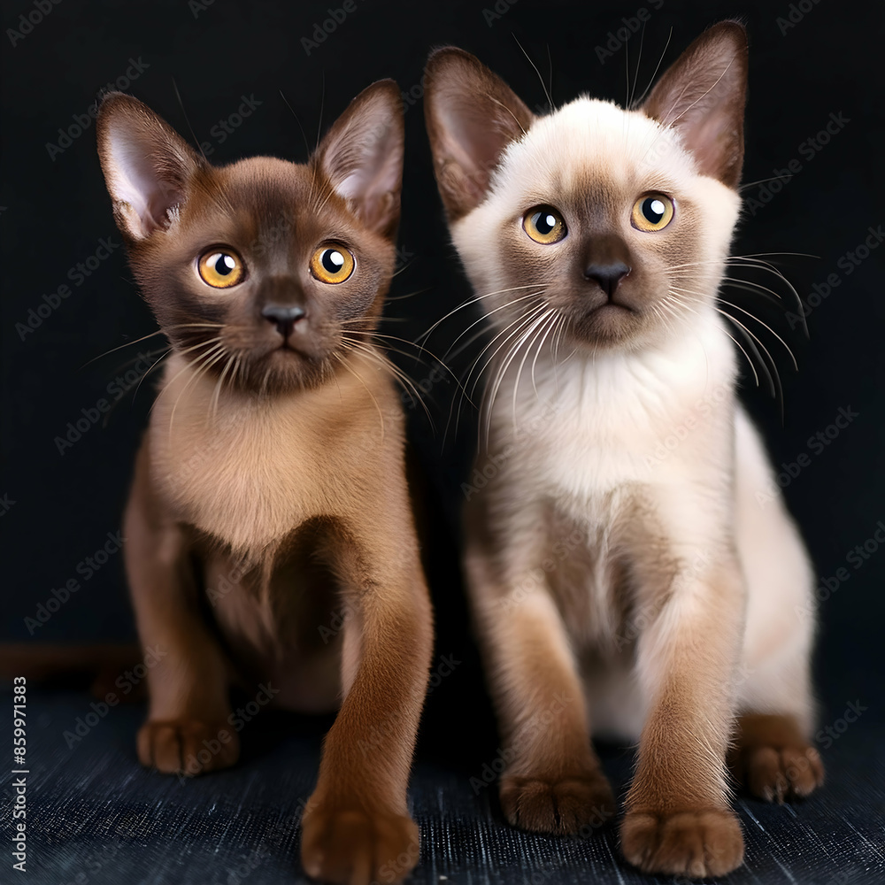 Two burmese kittens with golden brown eyes. One is chocolate and the other is cream Playful kittens with unique markings Photogenic kittens looking Kittens in a high-contrast studio portrait