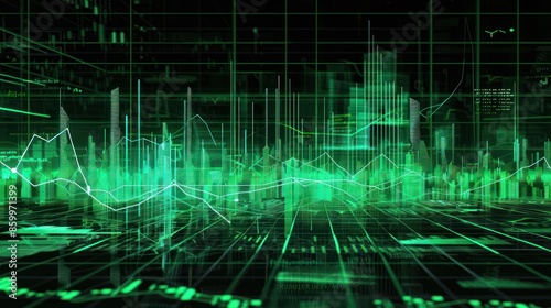Abstract Green Digital Cityscape with Lines and Graphs