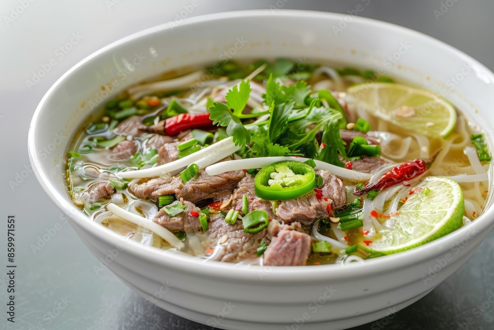 Vietnamese Pho Soup with Beef and Herbs.