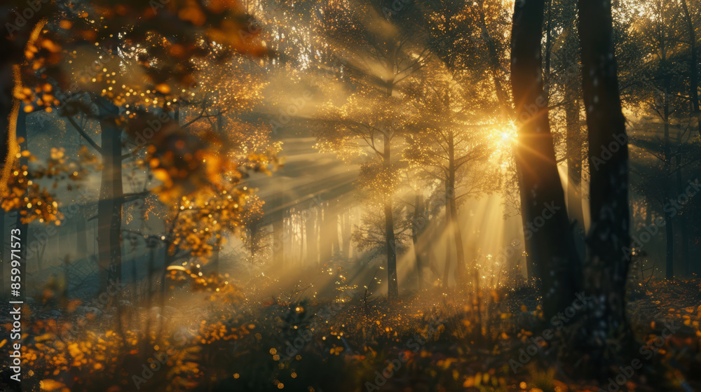 Fototapeta premium Autumn forest scenery with warm light illumining the gold foliage. 