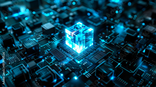 Abstract glowing cube on black circuit board background representing advanced technology and digital data concept.
