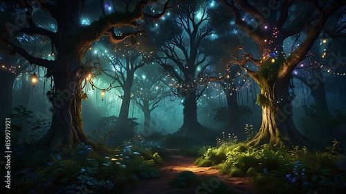 An enchanting digital artwork portraying a mystical forest bathed in ethereal light. Giant trees twist skyward, their branches intertwined with sparkling fairy lights and bioluminescent flora.
