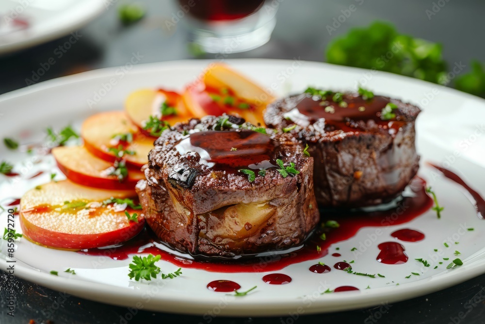 Grilled Beef Tenderloin with Red Wine Sauce and Sliced Apples. Grilled Beef Tenderloin with Red Wine Sauce and Sliced Apples.
